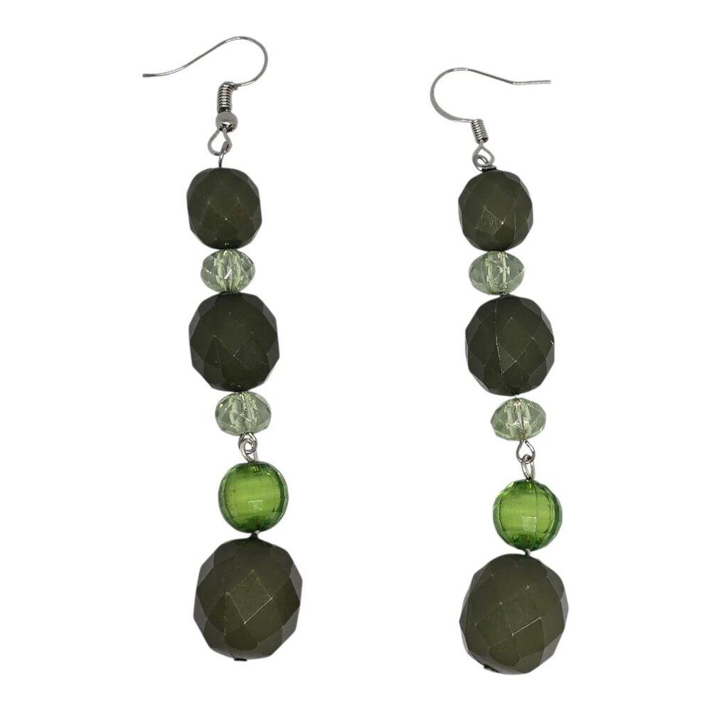 Green Beaded Dangle Earrings With Faceted‎ Glass Beads & Silver Hooks